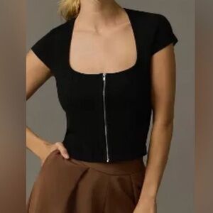 Anthropologie Black Zip-Front Crop Top
